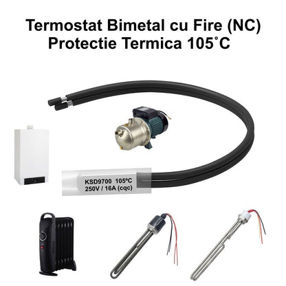 Termostat Temperatura 105˚C cu Fire, Bimetal KSD9700 NC, 250/16A