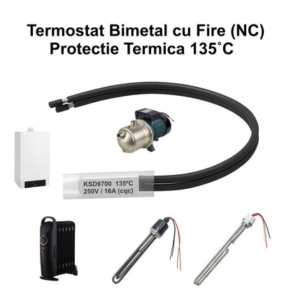 Termostat Temperatura 135˚C cu Fire, Bimetal KSD9700 NC, 250/16A