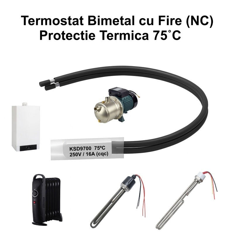 Termostat Temperatura 75˚C cu Fire, Bimetal KSD9700 NC, 250/16A