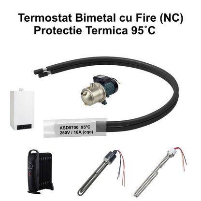 Termostat Temperatura 95˚C cu Fire, Bimetal KSD9700 NC, 250/16A