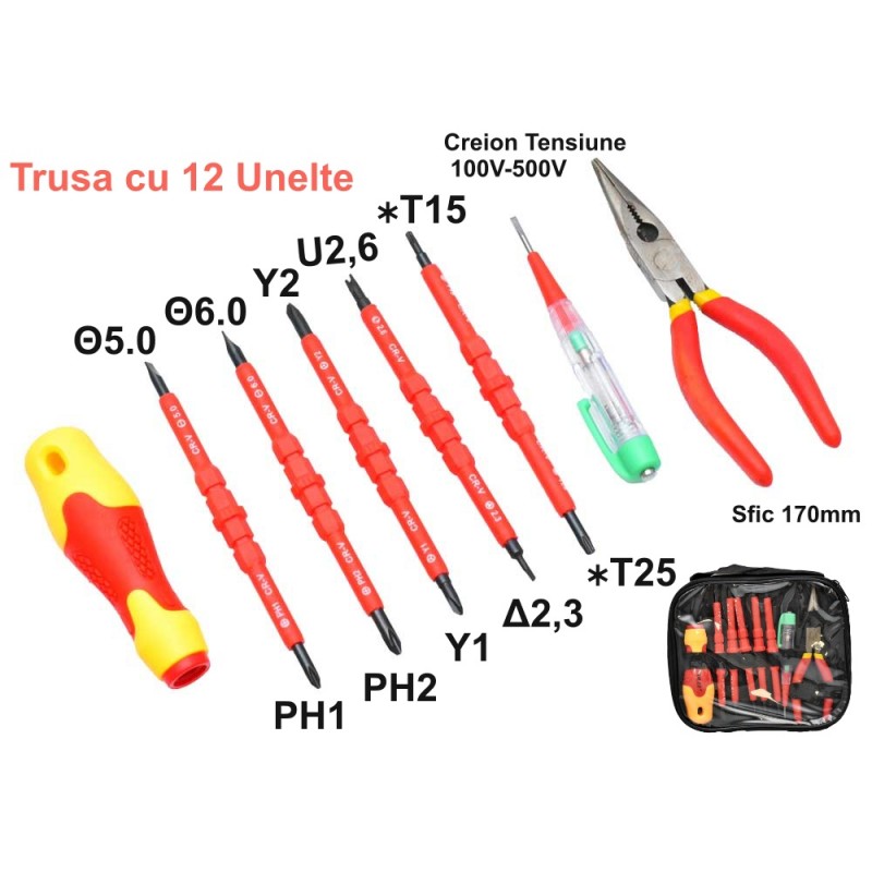 Trusa 12 Unelte de Electrician, Surubelnite si Sfic