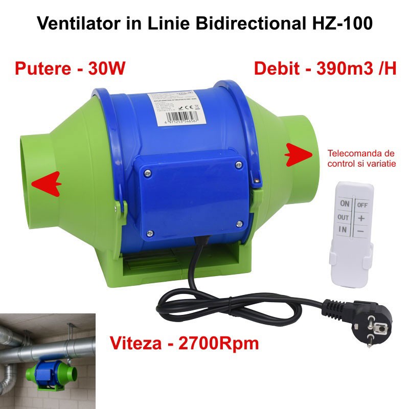 Ventilator Booster Bidirectional 4'' (100mm), 30W, 390m3/h, Telecomanda - Montaj pe Tubulatura HZ-100H