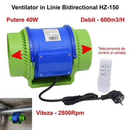 Ventilator Booster Bidirectional 6'' (150mm), 40W, 600m3/h, Telecomanda - Montaj pe Tubulatura HZ-150H
