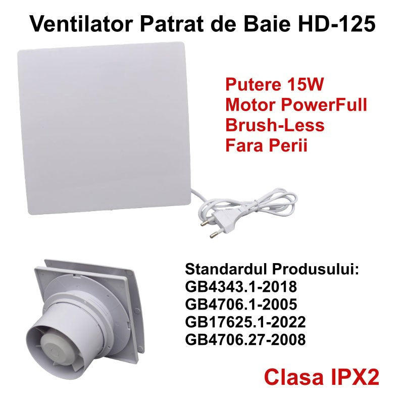 Ventilator Patrat de Baie HD125 - 15W / Motor fara Perii
