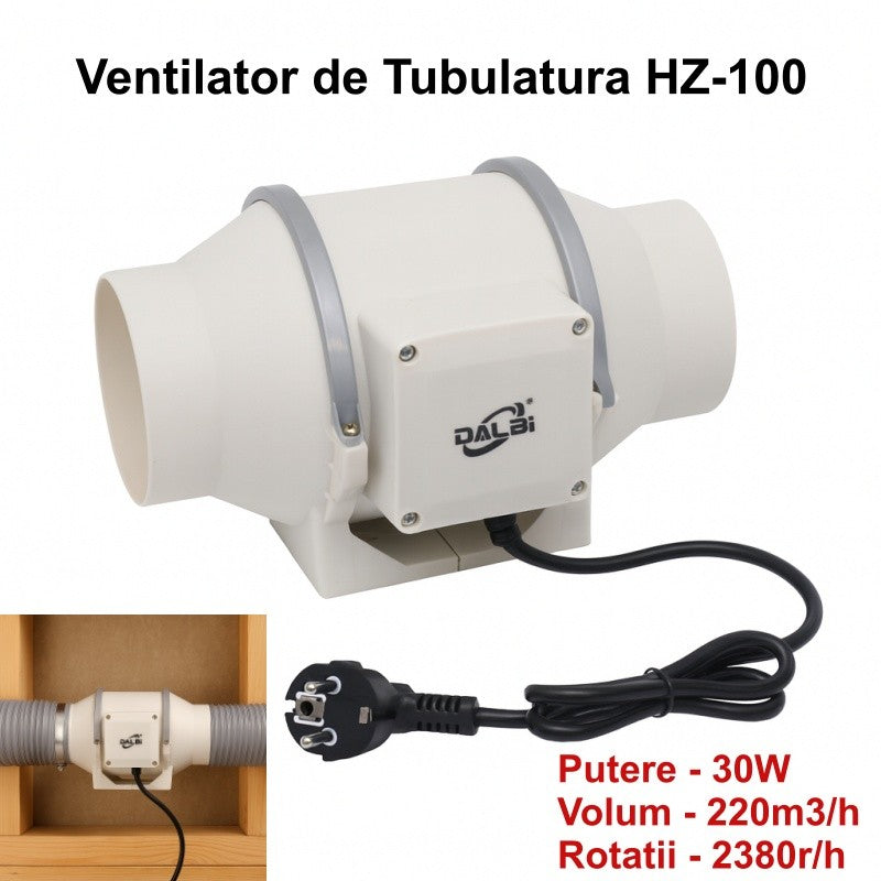 Ventilator Profesional pentru Tubulatura in Linie HZ-100, Putere 30W, Debit 220m3/h, Ø100mm - Dalbi HZ-100