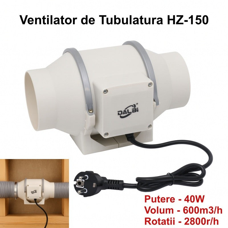 Ventilator Profesional pentru Tubulatura in Linie HZ-150, Putere 80W, Debit 600m3/h, Ø150mm - Dalbi HZ-150