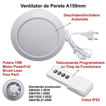 Ventilator Rotund de Baie A150 - 15W cu Clapeta Automata si Telecomanda Programatoare - IPX2